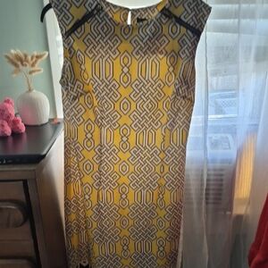 karin stevens Yellow Geometric Midi Dress with Black Trim
